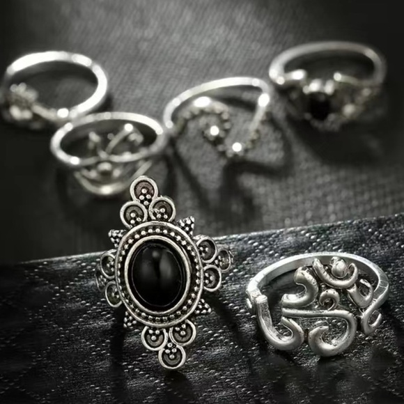 Boho Vintage Black Gemstone Geometric Ring Set 13pc - Picture 3 of 6